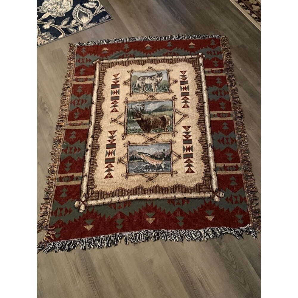 USA Made EUC Rustic Retreat Tapestry Throw Blanket Afghan 50x58”